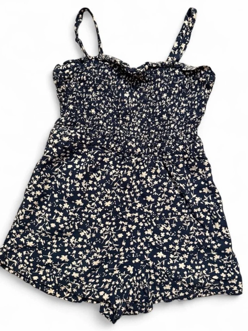 Old Navy Navy Floral Smocked Romper with Cream Print